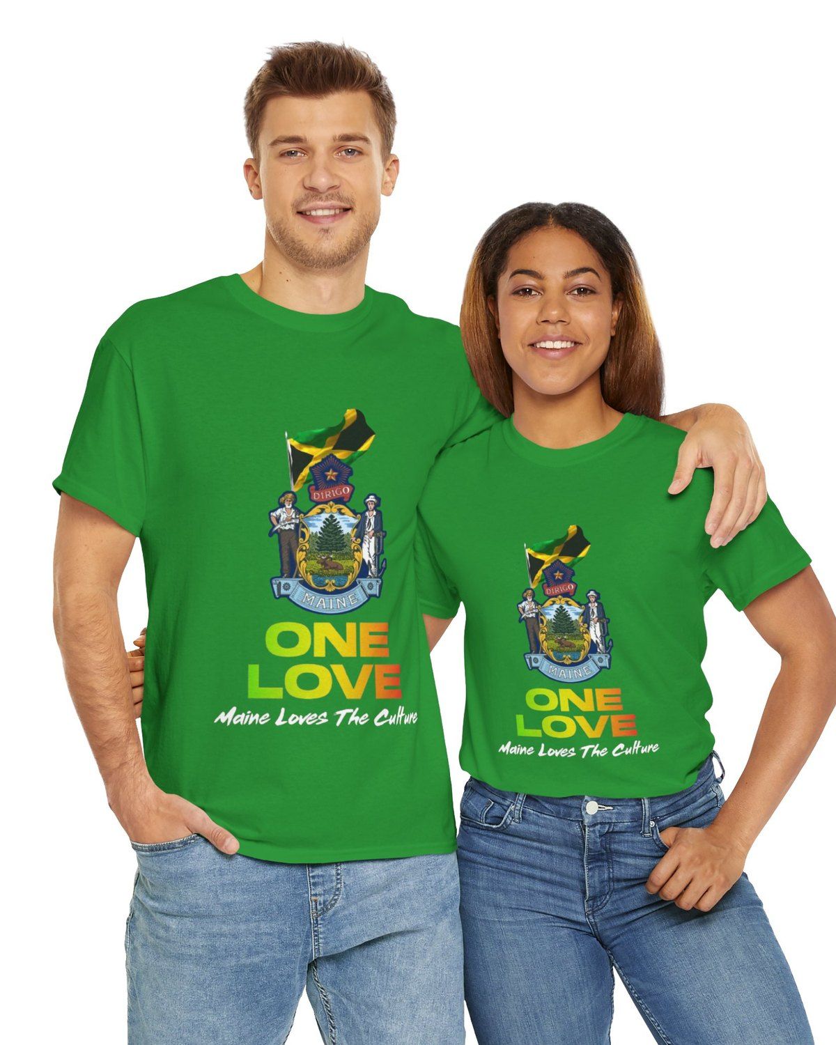A couple wearing matching green One Love tees — the Maine state seal flying the Jamaican flag, with "One Love" and "Maine Loves The Culture" underneath