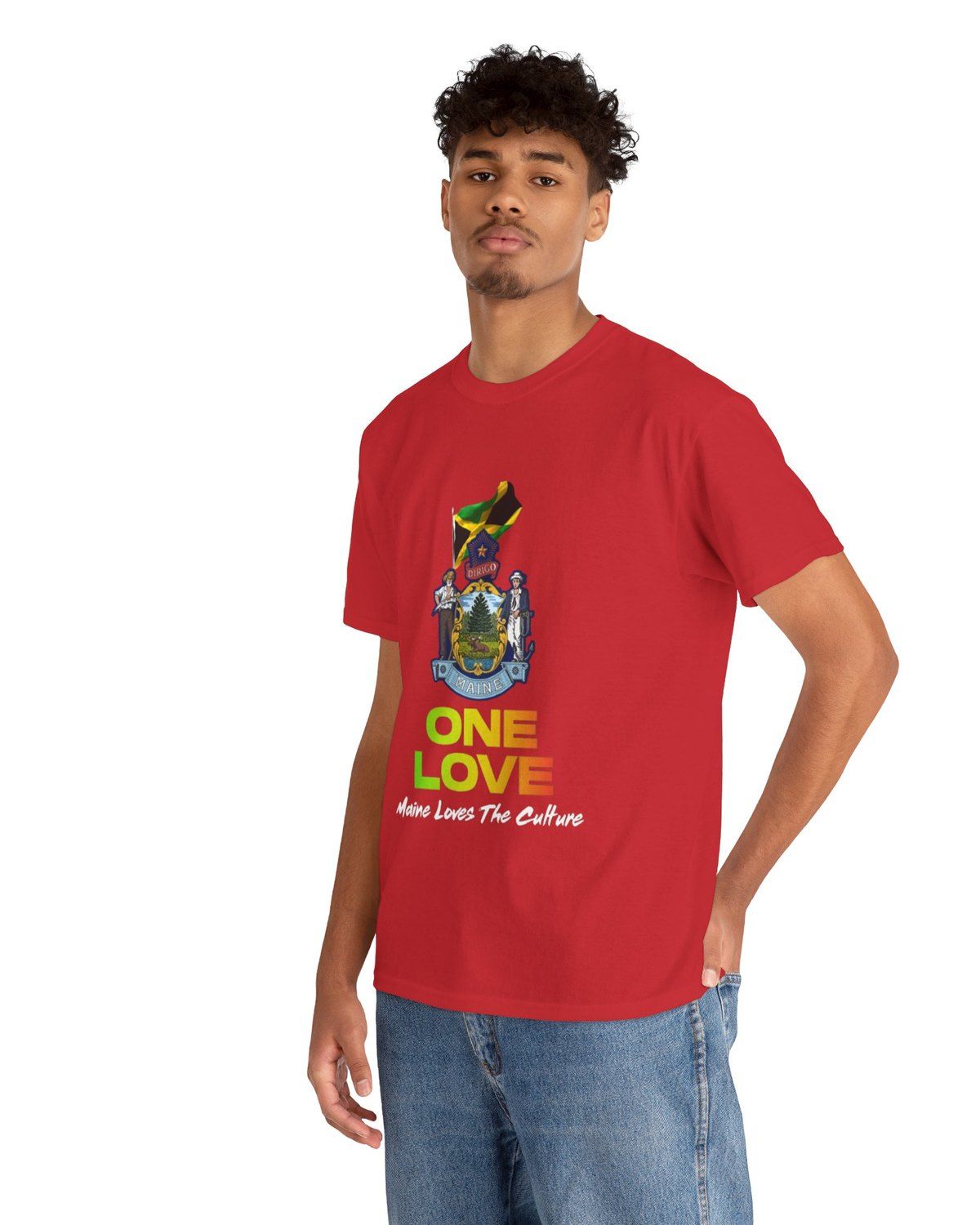 A man wearing the red One Love tee — the Maine state seal flying the Jamaican flag, with "One Love" and "Maine Loves The Culture" underneath